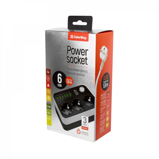 10 A | Power Socket :3 EU plugs/6USB Blac | CW-CHE36B | Black | 1.8 m