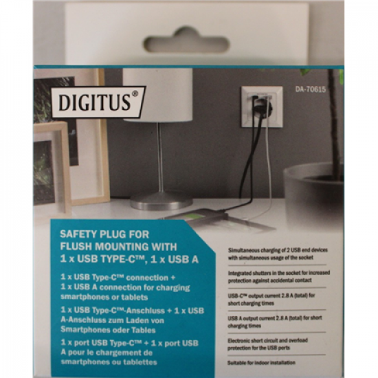 SALE OUT. DIGITUS Safety Plug for Flush Mounting with 1 x USB Type-C, 1 x USB A | Digitus | Safety Plug for Flush Mounting with 1 x USB Type-C, 1 x USB A | DEMO | Warranty 24 month(s)