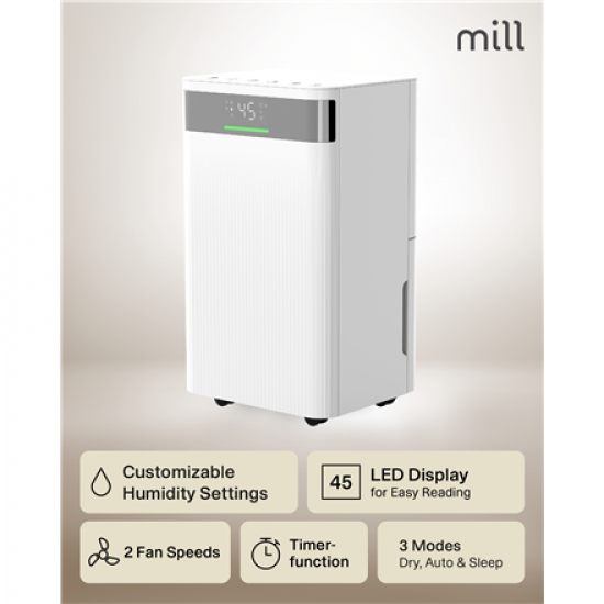 Mill Dehumidifier | MDH20 | Suitable for rooms up to 20-30 m² | Water tank capacity 4 L | White