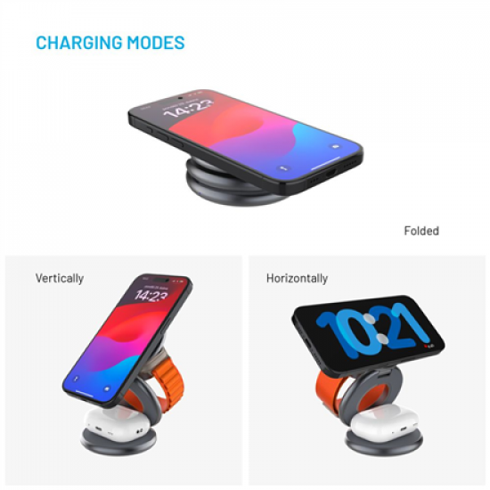 Fixed MagPowerstation Round 3-in-1 foldable wireless charger with MagSafe support | Gray