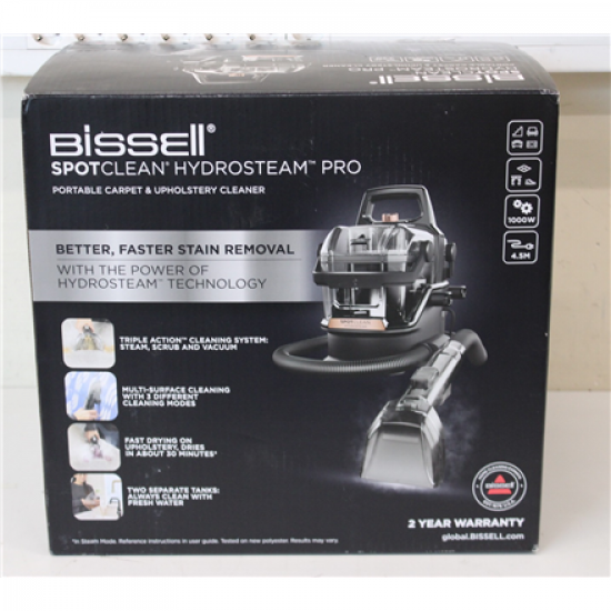 SALE OUT. Bissell | Portable Carpet and Upholstery Cleaner | SpotClean HydroSteam Pro | Corded operating | Washing function | 1000 W | - V | Black | Warranty 24 month(s) | DAMAGED PACKAGING, USED, DIRTY,SCRATCHES,MISSING HYDRORINSE TOOL