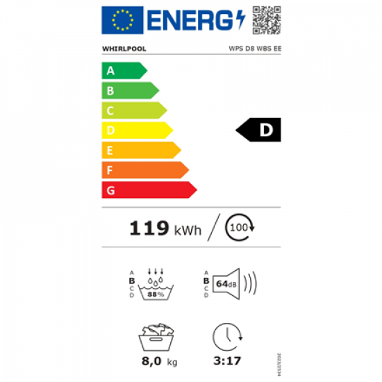Whirlpool Dryer Machine | WPS D8 WBS EE | Energy efficiency class D | Front loading | 8 kg | Heat pump | Digital | Depth 55 cm | White