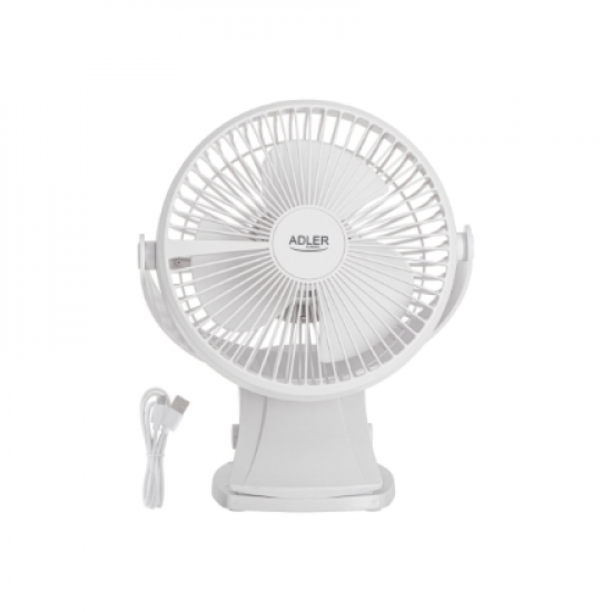 Adler Rechargeable Clip-on Desk Fan | AD 7342 | Table Fan | White | Diameter 15.5 cm | Number of speeds 3 | Oscillation | 5 W