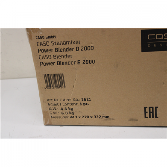 SALE OUT. Caso Power Blender | B 2000 | Tabletop | 2000 W | Jar material Tritan | Jar capacity 2 L | Ice crushing | Black | UNPACKED, SCRATCHED  SIDE  OF THE  GLASS CONTAINER, MISSING INNER PACKAGING