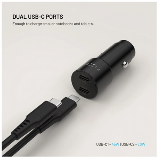 Fixed Dual USB-C Car Charger, 65W, PD 3.0