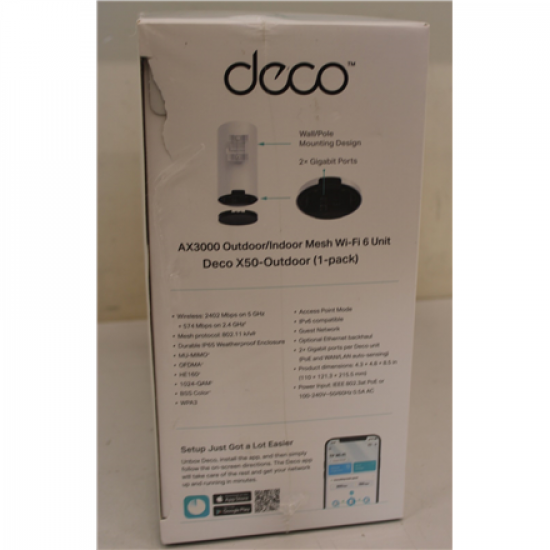 SALE OUT. TP-LINK Deco X50-Outdoor AX3000 Outdoor Whole Home Mesh WiFi 6 Unit | SALE OUT. TP-LINK AX3000 Outdoor Whole Home Mesh WiFi 6 Unit | Deco X50-Outdoor | 802.11ax | 10/100/1000 Mbit/s | Ethernet LAN (RJ-45) ports 2 | Mesh Support Yes | MU-MiMO Yes