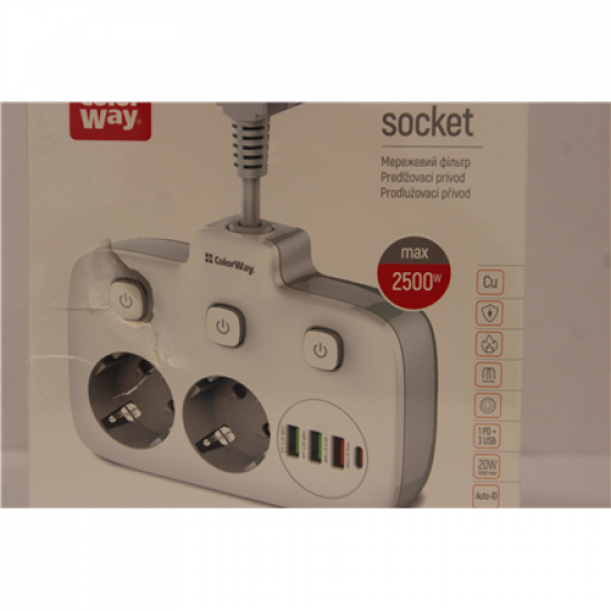 SALE OUT. ColorWay CW-CHE24PDW Power Socket: 2xEU plugs/3xUSB-A/1xUSB-C White 2.5M | ColorWay Power Socket | CW-CHE24PDW | DAMAGED PACKAGING