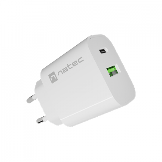 Natec Ribera USB Charger 1X USB-A + 1X USB-C 20W, White