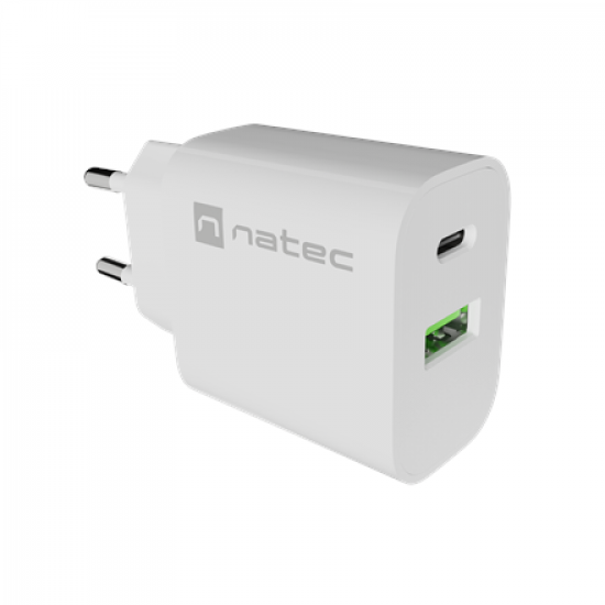 Natec Ribera USB Charger 1X USB-A + 1X USB-C 20W, White