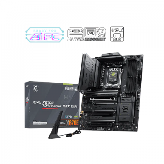 MSI MAG X870E TOMAHAWK MAX WIFI | Processor family AMD | Processor socket AM5 | DDR5 | Supported hard disk drive interfaces SATA, M.2 | Number of SATA connectors 4