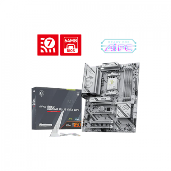 MSI MAG B850 GAMING PLUS MAX WIFI | Processor family AMD | Processor socket AM5 | DDR5 | Supported hard disk drive interfaces SATA, M.2 | Number of SATA connectors 4