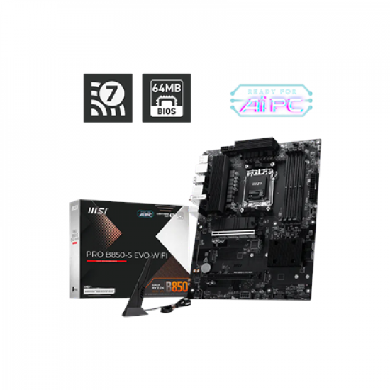 MSI PRO B850-S EVO WIFI | Processor family AMD | Processor socket AM5 | DDR5 | Supported hard disk drive interfaces SATA, M.2 | Number of SATA connectors 4