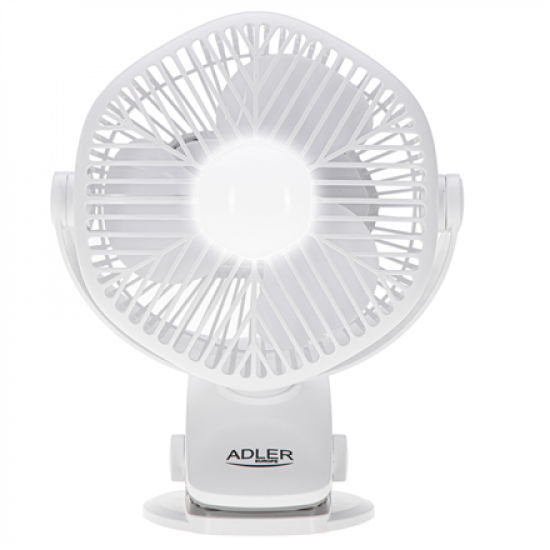 Adler Rechargeable fan with clip | AD 7335 | Table Fan | 6 W | Diameter 12.7 cm | Number of speeds 3 | Oscillation | White