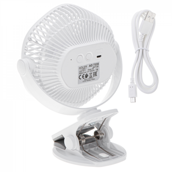 Adler Rechargeable fan with clip | AD 7335 | Table Fan | 6 W | Diameter 12.7 cm | Number of speeds 3 | Oscillation | White