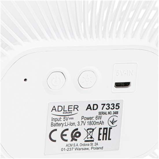 Adler Rechargeable fan with clip | AD 7335 | Table Fan | 6 W | Diameter 12.7 cm | Number of speeds 3 | Oscillation | White