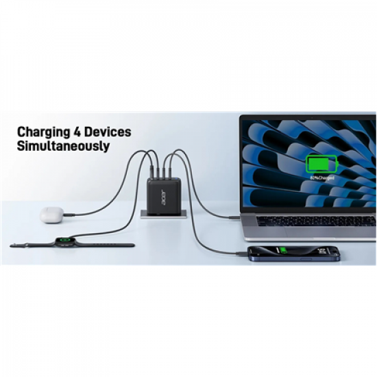 Acer 67W PD GaN Charger, 2 x USB C and 1 x USB A, EU Plug, 100W USB C cable, Black (Retail Pack)