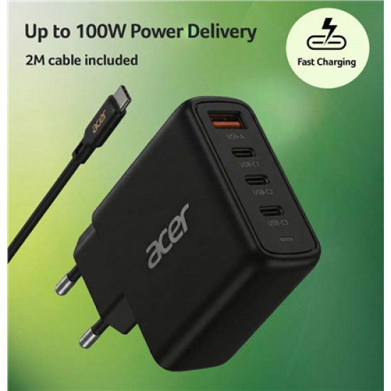 Acer 67W PD GaN Charger, 2 x USB C and 1 x USB A, EU Plug, 100W USB C cable, Black (Retail Pack)