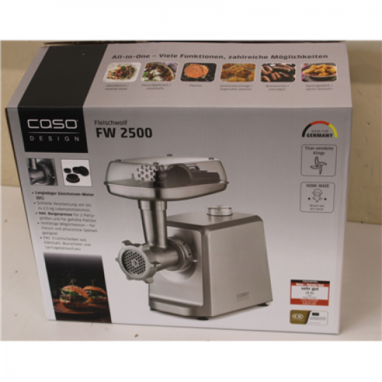 SALE OUT. Caso Meat Mincer | FW 2500 | Stainless Steel | 2500 W | Number of speeds 2 | Throughput (kg/min) 2.5 | 3 stainless steel cutting plates (3 mm, 5 mm and 8 mm), Sausage filler, Cookie attachment with 4 moulds, Stuffer | DEMO