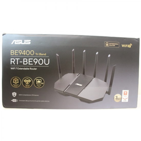 SALE OUT. Asus RT-BE90U Tri-band WiFi 7 Router, EU+UK | Asus BE9400 Tri-band WiFi 7 AiMesh Extendable Router | RT-BE90U | 802.11be | Ethernet LAN (RJ-45) ports 3 | Mesh Support Yes | MU-MiMO No | 4G/5G | Antenna type External | 36 month(s) | DEMO