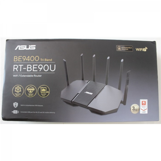 SALE OUT. Asus RT-BE90U Tri-band WiFi 7 Router, EU+UK | Asus BE9400 Tri-band WiFi 7 AiMesh Extendable Router | RT-BE90U | 802.11be | Ethernet LAN (RJ-45) ports 3 | Mesh Support Yes | MU-MiMO No | 4G/5G | Antenna type External | 36 month(s) | DEMO
