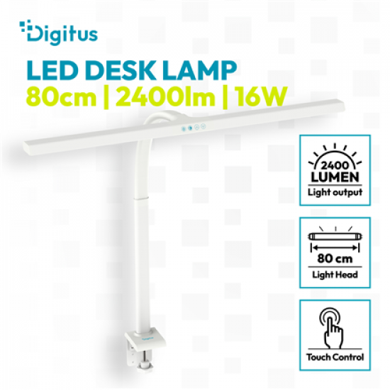 Digitus LED Desk Lamp, 80 cm, White | DA-90493 | 2400 lm | 16 W | 3000-6500 K | Warm white light to white daylight | LED lamp | 10 V