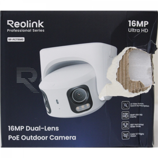 SALE OUT. Reolink PoE 4K 16MP Dual Lens and 180° panoramic view Camera | Reolink UHD Dual-Lens PoE Surveillance Camera with 180° Panoramic View | RP-PCT16MD | 24 month(s) | Dual lens | 16 MP | F2.8mm/F1.6 | IP67 | H.265/H.264 | Micro SD, Max. 512 GB | DAM