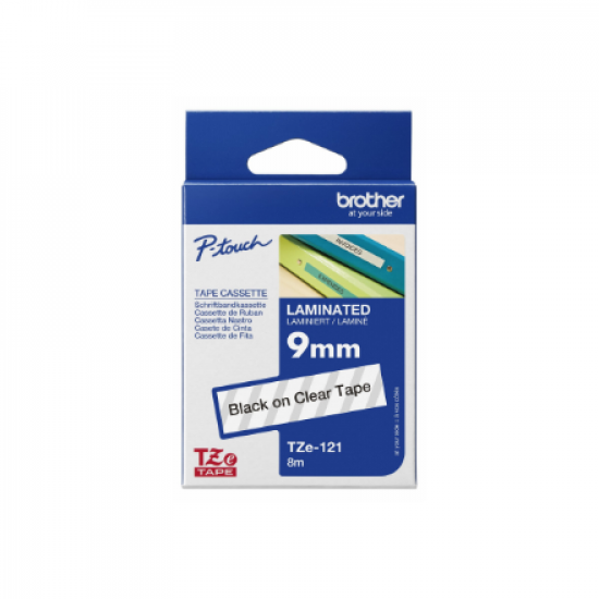 Brother | TZe-121 Laminated Tape | Black on Clear | TZe | 8 m | 9 cm