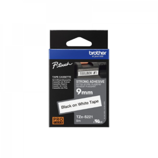 Brother | TZe-S221 Strong Adhesive Laminated Tape | Black on White | TZe | 8 m | 9 cm
