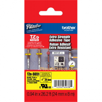 Brother | TZe-S651 Strong Adhesive Laminated Tape | Black on Yellow | TZe | 8 m | 2.4 cm
