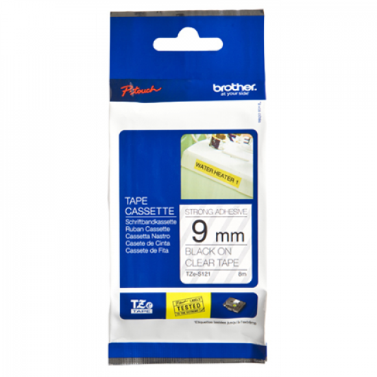 Brother | TZe-S121 Strong Adhesive Laminated Tape | Black on Clear | TZe | 8 m | 9 cm