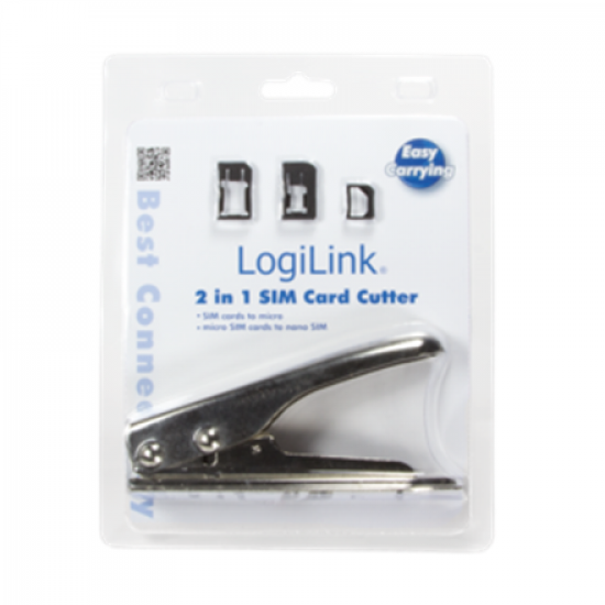 Logilink | 2 in 1 SIM Card Cutter | *For cutting of SIM cards into micro and nano format*Material: Stainless iron*For easy cutting of SIM cards*2x Nano-SIM cards, 1x Micro SIM Card*Adapter and 1x SIM card pin included*Color: Silver/Chrome