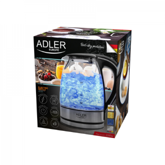 Adler | Kettle | AD 1225 | Standard | 2000 W | 1.7 L | Glass | 360° rotational base | Transparent/Stainless steel