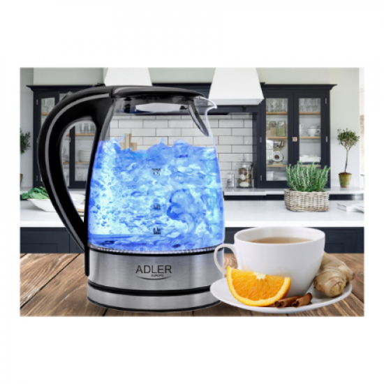 Adler | Kettle | AD 1225 | Standard | 2000 W | 1.7 L | Glass | 360° rotational base | Transparent/Stainless steel
