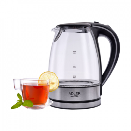 Adler | Kettle | AD 1225 | Standard | 2000 W | 1.7 L | Glass | 360° rotational base | Transparent/Stainless steel