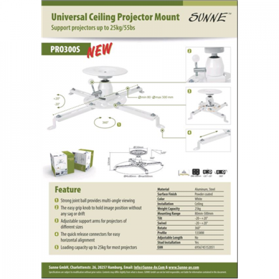 Sunne | Projector Ceiling mount | Turn, Tilt | White