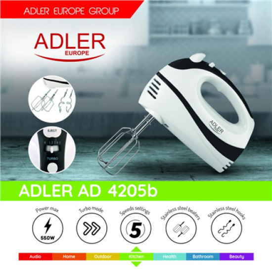 Adler | Mixer | AD 4205 b | Hand Mixer | 300 W | Number of speeds 5 | Turbo mode | White/Black
