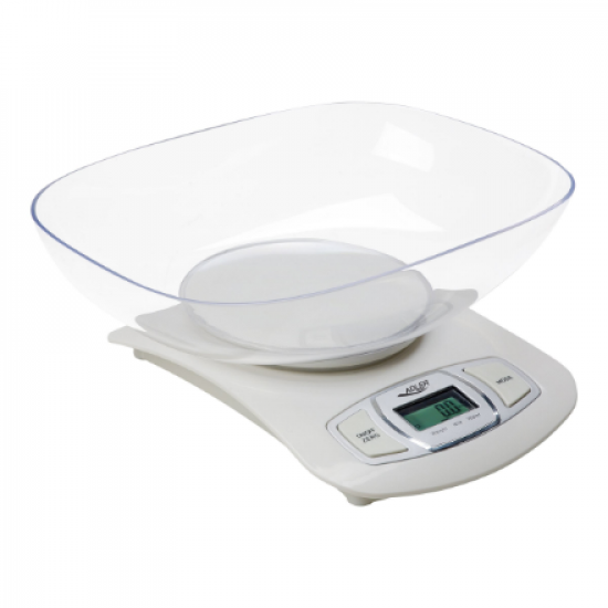 Adler AD 3137 Kitchen scales, Capacity 5 kg , Graduation 1g, Big LCD Display, Auto-zero/Auto-off, Large bowl, White | Adler | Adler AD 3137 | Maximum weight (capacity) 5 kg | Graduation 1 g | Display type LCD | White