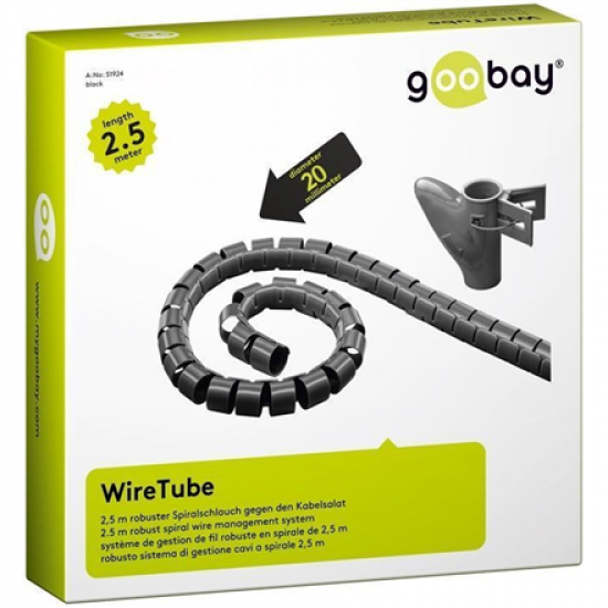 Goobay | 2.5 m robust spiral wire management system   string plastic cable duct with a diameter of 20 mm length of 2.5 m can be adjusted by cutting with scissors comes with easy-insert tool  Technical specifications  Cable  Cable type  coiled cable   Gene