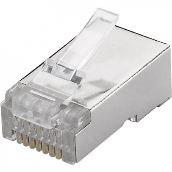Goobay 93829 RJ45 plug, CAT 6 STP shielded | for round cable   for stranded and solid inner conductor  Technical specifications  Connections  Connection, type  RJ45 male (8P8C)   Connection, contact material  gold-plated 15µ   Contacting  4+4 Pin   Cable 