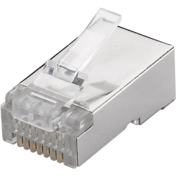 Goobay 93829 RJ45 plug, CAT 6 STP shielded | for round cable   for stranded and solid inner conductor  Technical specifications  Connections  Connection, type  RJ45 male (8P8C)   Connection, contact material  gold-plated 15µ   Contacting  4+4 Pin   Cable 