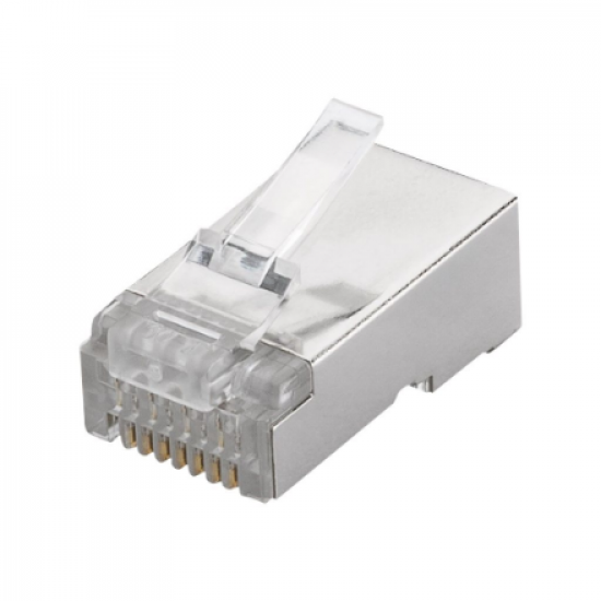 Goobay 93829 RJ45 plug, CAT 6 STP shielded | for round cable   for stranded and solid inner conductor  Technical specifications  Connections  Connection, type  RJ45 male (8P8C)   Connection, contact material  gold-plated 15µ   Contacting  4+4 Pin   Cable 