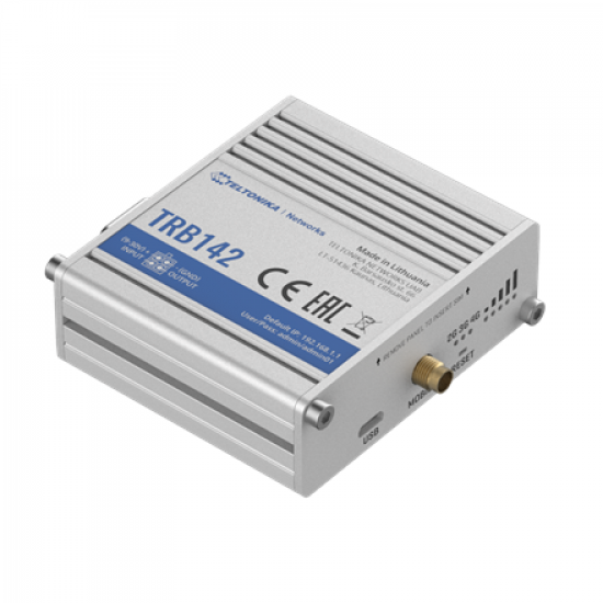 LTE Gateway | TRB142 | No Wi-Fi | Ethernet LAN (RJ-45) ports 0 | Mesh Support No | MU-MiMO No | 2G/3G/4G | Antenna type 1 x SMA for LTE | 1 x Virtual network interface via micro USB