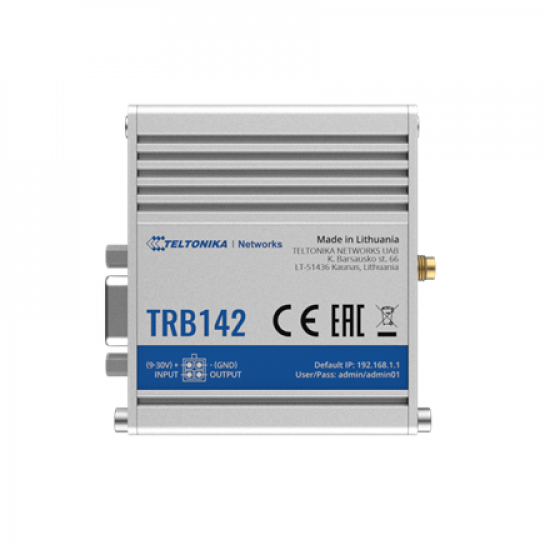 LTE Gateway | TRB142 | No Wi-Fi | Ethernet LAN (RJ-45) ports 0 | Mesh Support No | MU-MiMO No | 2G/3G/4G | Antenna type 1 x SMA for LTE | 1 x Virtual network interface via micro USB
