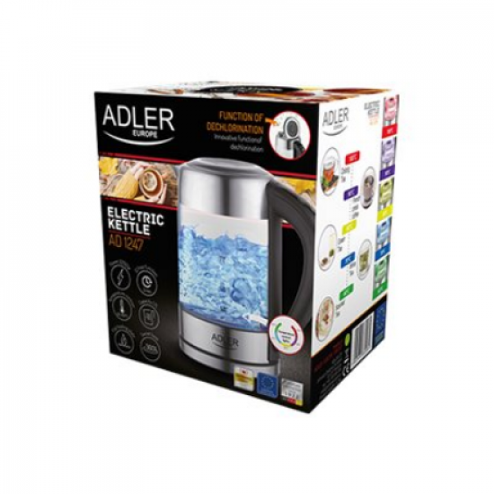 Adler | Kettle | AD 1247 NEW | With electronic control | 1850 - 2200 W | 1.7 L | Stainless steel, glass | 360° rotational base | Stainless steel/Transparent