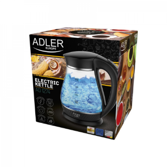 Adler | Kettle | AD 1274 | Standard | 2200 W | 1.7 L | Plastic/Glass | 360° rotational base | Black/ transparent
