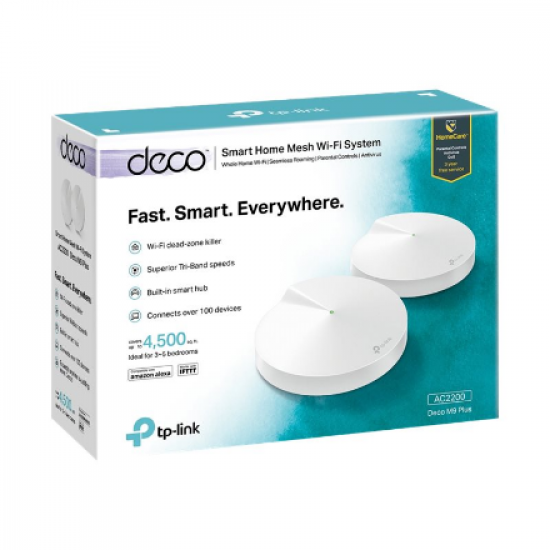 Home Mesh Wi-Fi System | Deco M9 Plus (2-Pack) | 802.11ac | 400+867+867 Mbit/s | 10/100/1000 Mbit/s | Ethernet LAN (RJ-45) ports 2 | Mesh Support Yes | MU-MiMO Yes | No mobile broadband | Antenna type 8xInternal | 1xUSB 2.0