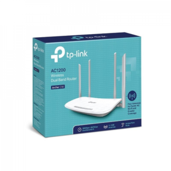 Router | Archer C50 | 802.11ac | 300+867 Mbit/s | 10/100 Mbit/s | Ethernet LAN (RJ-45) ports 4 | Mesh Support No | MU-MiMO No | No mobile broadband | Antenna type 2xExternal