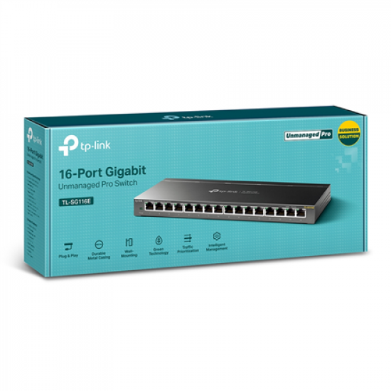 TP-LINK | Switch | TL-SG116E | Web managed | Wall mountable | Gigabit Ethernet (copper) ports quantity 16 | Power supply type External | 36 month(s)