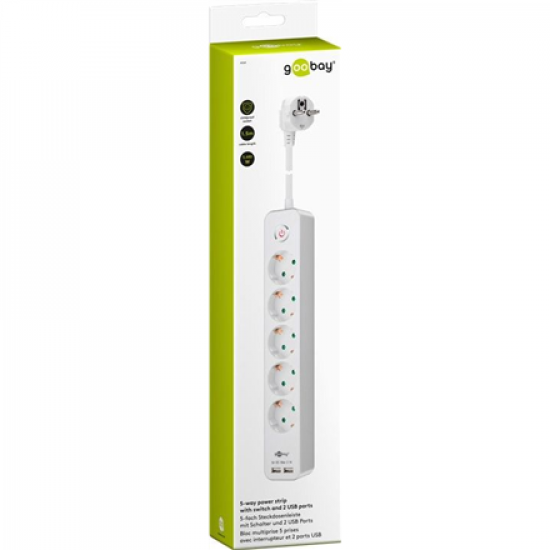 5-way power strip with switch and 2 USB ports 1.5 m | Sockets quantity 5