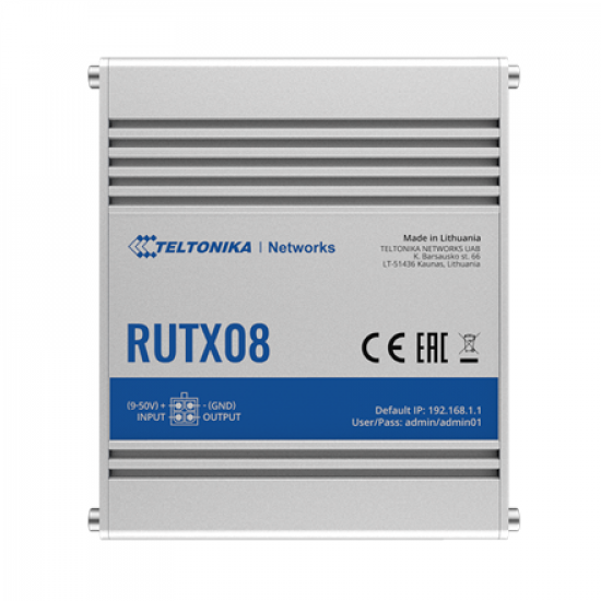 Industrial Router | RUTX08 | No Wi-Fi | 10/100/1000 Mbit/s | Ethernet LAN (RJ-45) ports 4 | Mesh Support No | MU-MiMO No | No mobile broadband | 1 | 24 month(s)